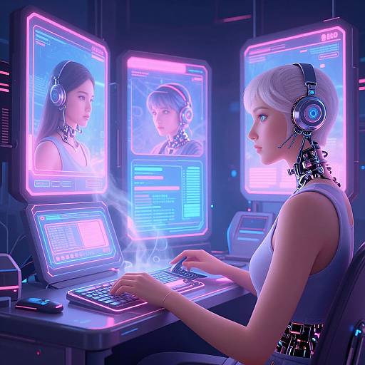 Digital artwork: White-haired woman in cybernetic headset, sleeveless blue top, typing on glowing laptop. Neon screens display virtual avatars. Neon