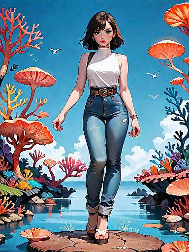 Stylish Woman Walking Amid Vibrant Coral Landscape