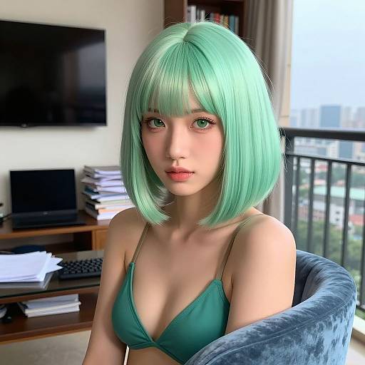 Photorealistic digital artwork of a young woman with mint green bob haircut, wearing a teal bra, sitting in a blue chair in a sunlit apartment