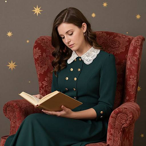 Photograph of a young woman with fair skin and long brown hair, wearing a black dress with white lace collar, reading a book in a red floral