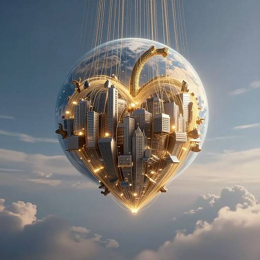 Photorealistic CGI: A heart-shaped, illuminated cityscape floats on a transparent, glowing balloon against a blue sky with scattered clouds.