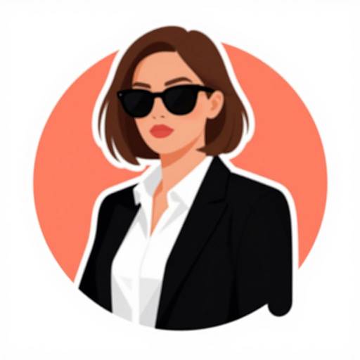 Digital illustration of a stylish woman with short brown hair, black sunglasses, a black blazer, and white shirt, set against a red circular background.