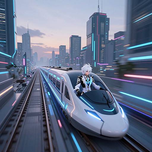 Digital anime-style artwork of a white-haired man in a black and white suit riding a futuristic, glowing blue and white bullet train through a neon-lit