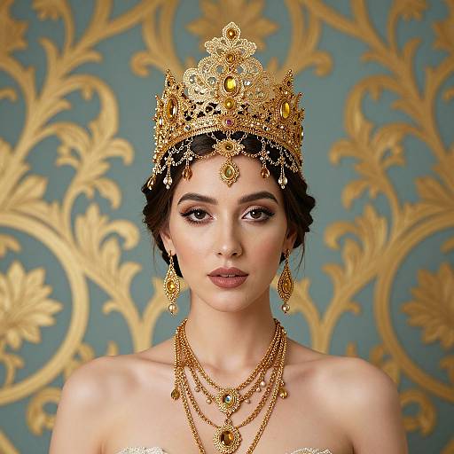 Photograph of a fair-skinned woman with dark hair, wearing an ornate gold crown and matching jewelry, against a blue and gold floral-patterned