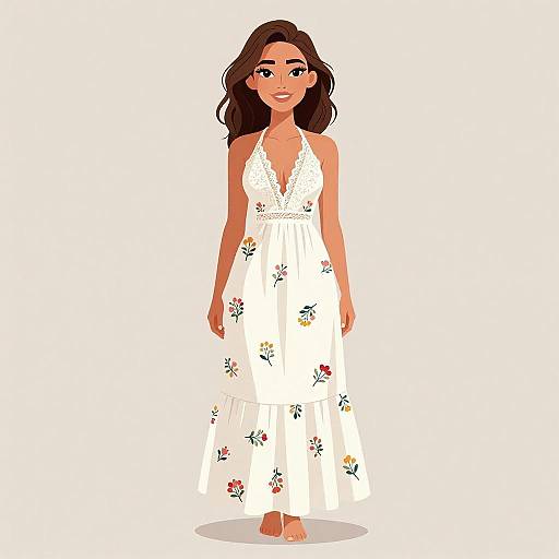 Digital illustration of a smiling, brown-haired woman in a white, sleeveless floral dress with a deep V-neck, standing against a plain white background.