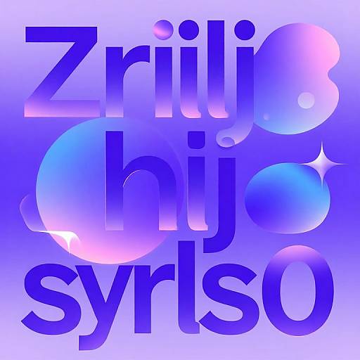Digital art with bold purple and blue gradient background, overlapping large translucent circles, and 3D text 