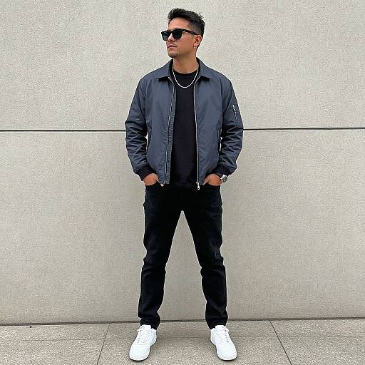 Photograph of a young Asian man with short black hair, wearing black sunglasses, navy jacket, black shirt, black pants, and white sneakers, standing