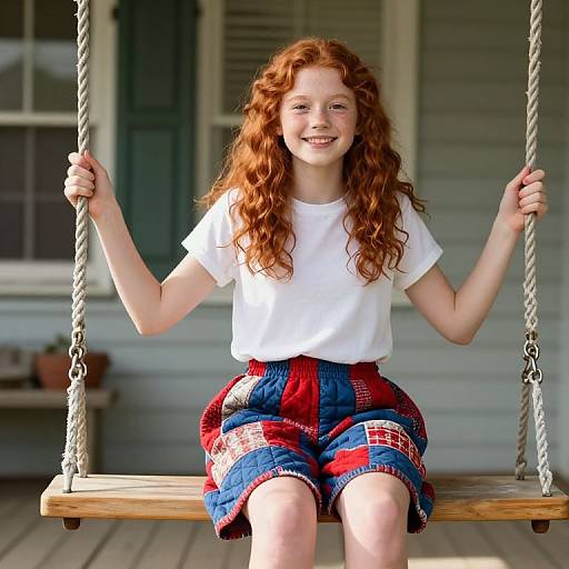 Photograph of a smiling red-haired girl with curly hair, wearing a white shirt and patchwork blue and red shorts, sitting on a wooden swing with