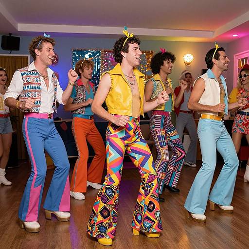 Photograph of six people dancing in retro 70s outfits with vibrant, colorful pants, flared suits, and platform shoes in a brightly lit room