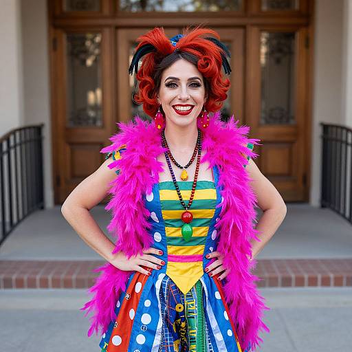 Photograph of a smiling woman with red hair in a colorful clown dress, vibrant pink feather boa, standing in front of a wooden door.