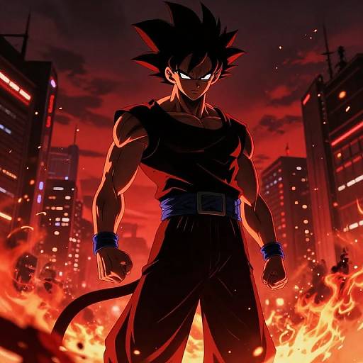 Digital art of Super Saiyan Goku standing in a fiery cityscape at night, glowing red sky, muscular, black outfit, intense expression.
