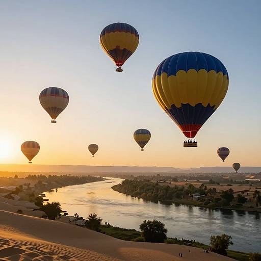 Photograph of a sunrise over a river, with seven colorful hot air balloons in the sky, casting reflections on the water below.