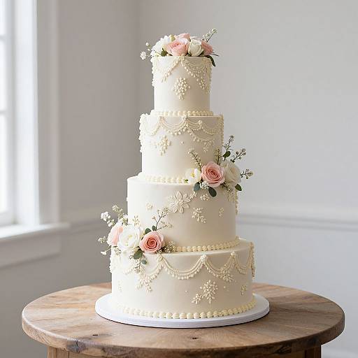 Photograph of a three-tiered white wedding cake adorned with pink roses and delicate gold beadwork, displayed on a rustic wooden table in a bright,