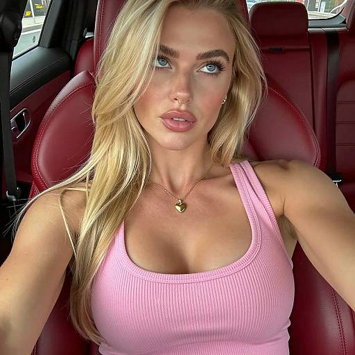 Blonde Beauty in Red Leather Car