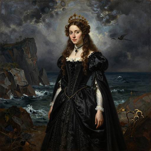 Digital painting of a regal woman with long brown curls, wearing a black lace gown, gold crown, and necklace, standing by a stormy sea