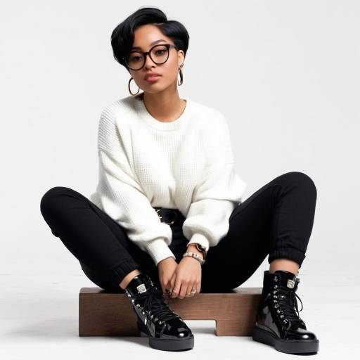 Stylish young woman in black boots and white sweater