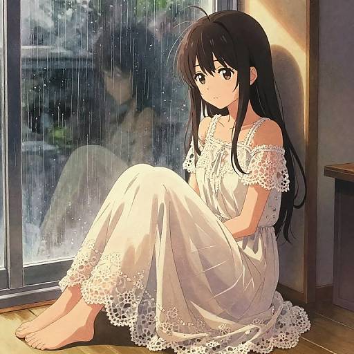 Anime-style digital drawing of a sad, black-haired girl in a white lace dress, sitting by a rainy window, looking outside.