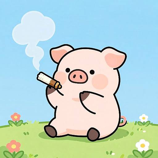 Playful Cartoon Pig Smoking Joint