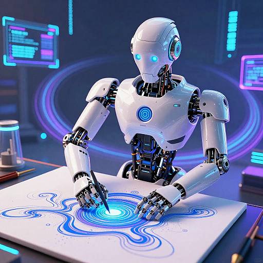Digital illustration of a glowing, white and blue humanoid robot drawing intricate blue swirls on a white tablet in a futuristic, neon-lit control room.