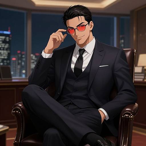 Digital anime-style drawing of a confident, dark-haired man in a black suit, white shirt, and black tie, adjusting red sunglasses, sitting in a