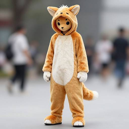 Photograph of a person in an orange and white fox-themed furry costume with a hood, standing in a blurred outdoor urban setting.