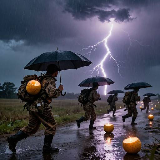 Photograph of soldiers in camouflage, holding black umbrellas, running on a rain-soaked path during a lightning storm, illuminated by glowing yellow orbs.
