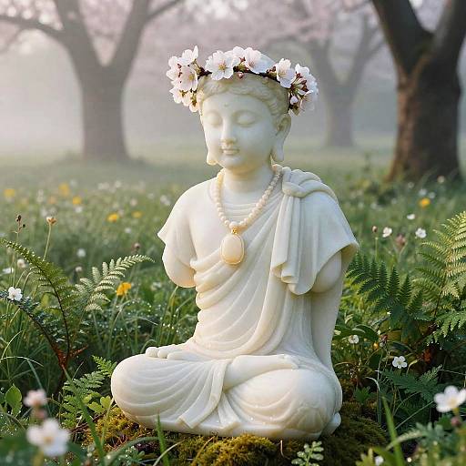 Photograph of a serene white Buddha statue with a flower crown, seated in a mossy, flower-filled garden, surrounded by misty trees.