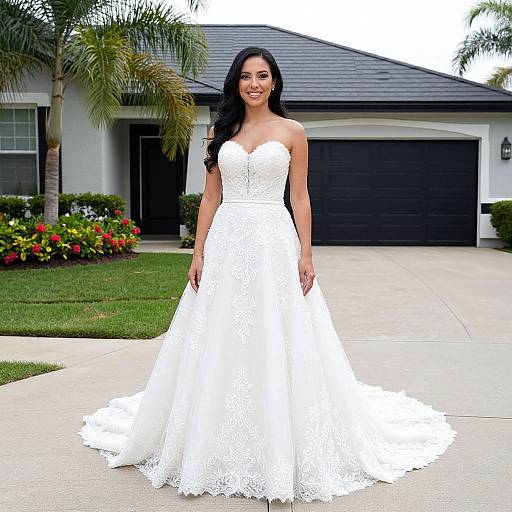 Photograph of a smiling woman with long black hair in a strapless white lace wedding dress, standing in front of a suburban house with palm trees and
