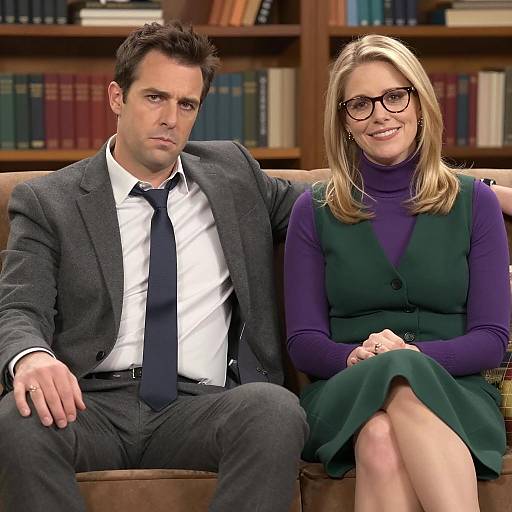 Serious Man and Smiling Woman on Couch