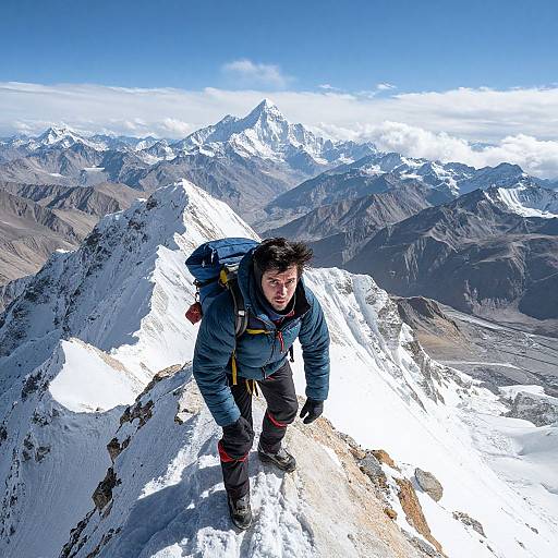 Photograph of a young Asian male climber in blue jacket and black pants, standing on snow-covered mountain peak, wearing backpack, looking up at towering
