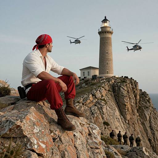 Photograph of a man in a white shirt, red pants, and red bandana, sitting on a rocky cliff, looking at a lighthouse with