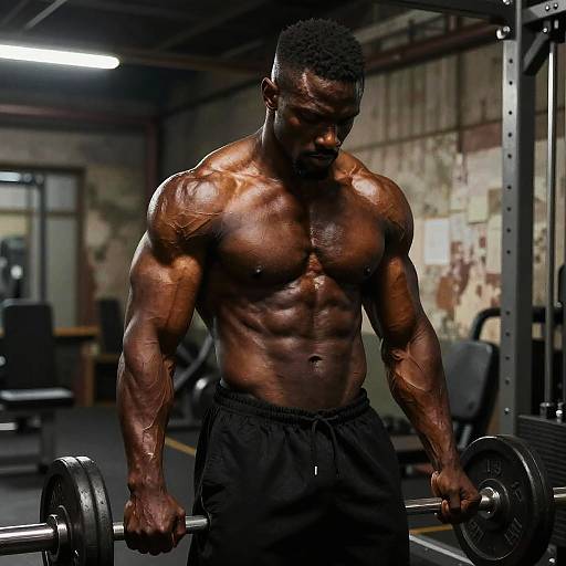 Photograph of a muscular, dark-skinned Black man with defined abs, performing a bench press in a dimly-lit, industrial-style gym.