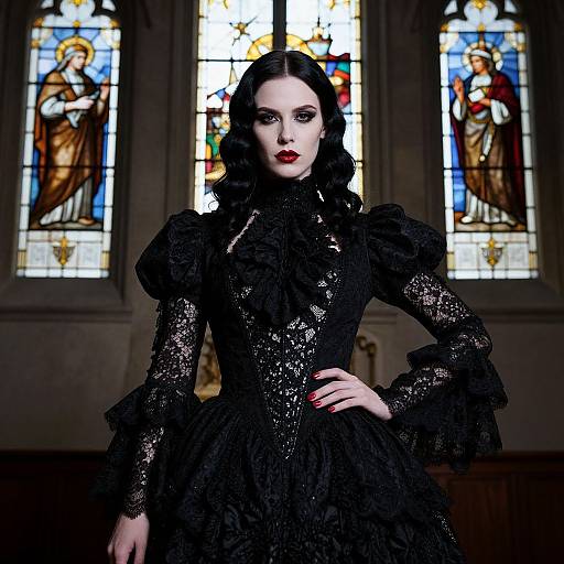 Gothic-style photograph of a pale-skinned woman with black wavy hair, wearing a detailed black lace dress, standing before stained glass windows,