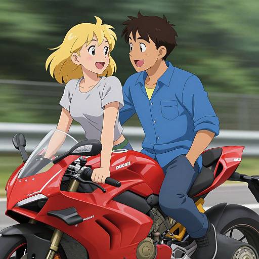 Anime Couple on Red Ducati Motorcycle
