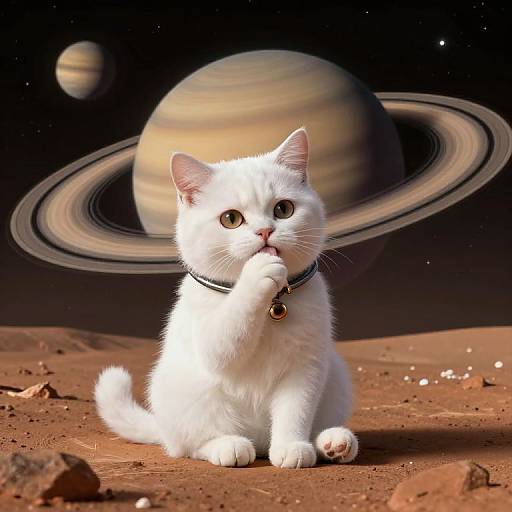 Photorealistic digital image of a white cat with blue eyes, wearing a black collar, sitting on a Martian-like surface, with Saturn and Jupiter in