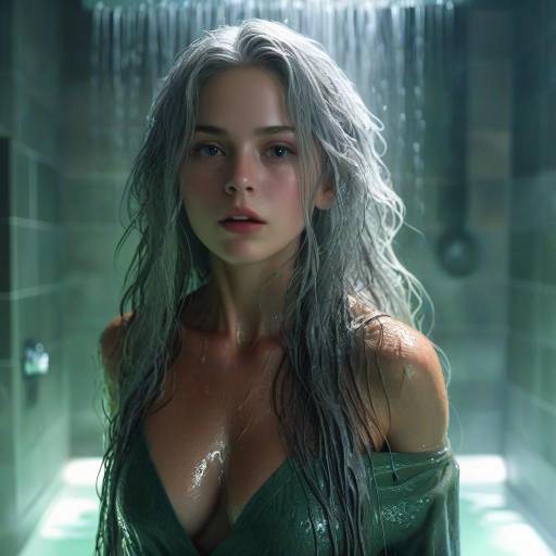 Serene Girl in Spa Shower Setting