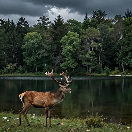 Melancholic Forest Lake with Deer