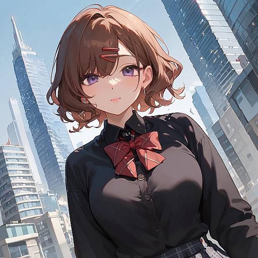 Digital anime-style drawing of a cute, brown-haired girl with purple eyes, wearing a black blouse with a red plaid bow, standing in front of