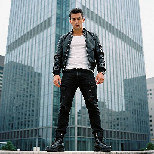 Photograph of a confident, dark-haired man in a black leather jacket, white t-shirt, and black pants standing in front of tall, reflective skys