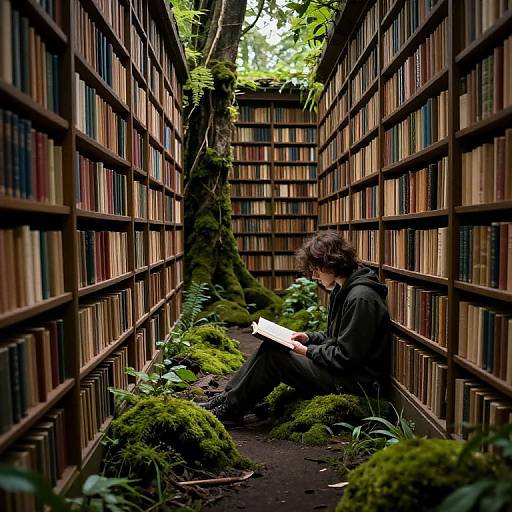 Photograph of a young person with curly hair, in black clothes, sitting on moss-covered floor between tall, moss-covered bookshelves, reading a