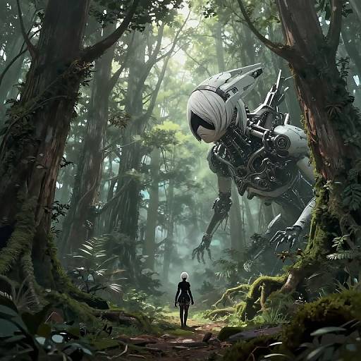 Digital art: Giant robotic figure with white helmet and armored body looms over small humanoid in misty, sunlit forest path.