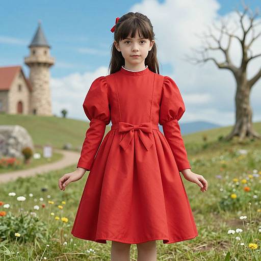 Photograph of a young Asian girl with black hair, wearing a bright red puffed-sleeve dress, standing in a colorful meadow with a
