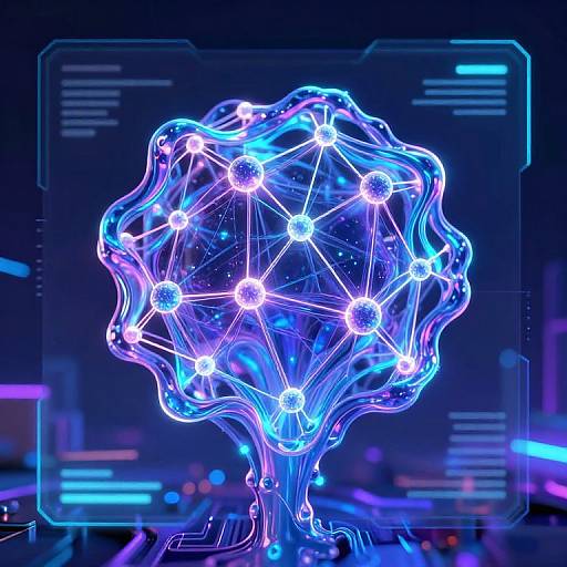 Digital art of a glowing, neon blue and purple molecular network resembling a tree, set against a dark, futuristic background.