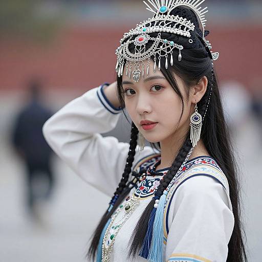 Photograph of an Asian woman with long black hair, wearing an ornate white traditional dress and headpiece, adorned with silver jewelry, against a blurred