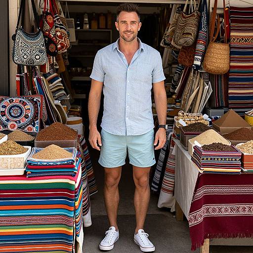 Photograph of a handsome, fit man with short brown hair in a light blue shirt and pale blue shorts, standing in a colorful, bohemian