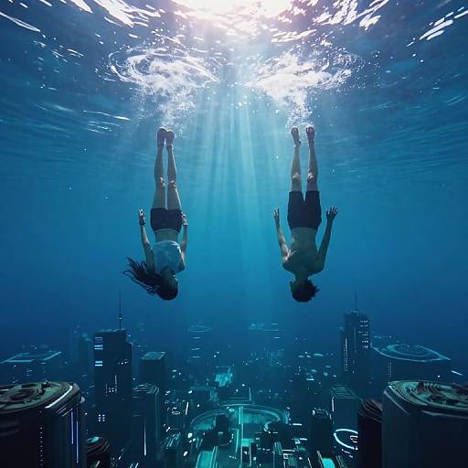 Photograph of two people, one male, one female, underwater, floating upside-down, surrounded by cityscape and sunlight filtering through water.