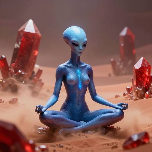 CGI image of a blue-skinned, nude, alien woman with pointed ears meditating in a desert with glowing red crystals. She has small breasts