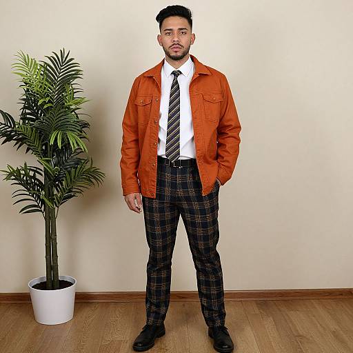Young Man in Orange Jacket with Plaid Pants