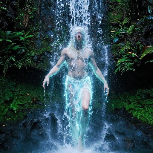 Photograph of a shirtless man with glowing blue water cascading over him, wearing white shorts, standing in a lush, green jungle waterfall.