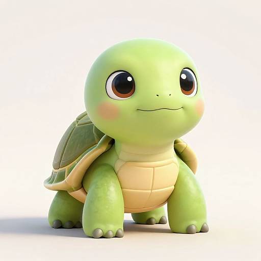 Cute, green cartoon turtle with big brown eyes, blush on cheeks, and a yellow shell stands on a white background. Digital CGI art style.